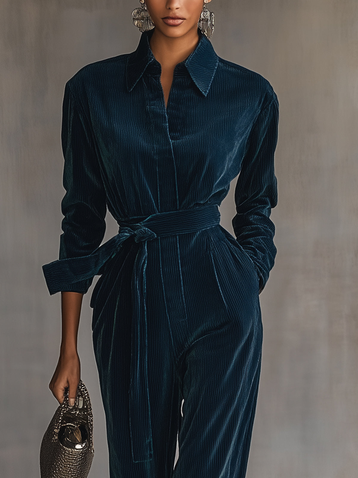 Blue Teal Corduroy Belted Jumpsuit