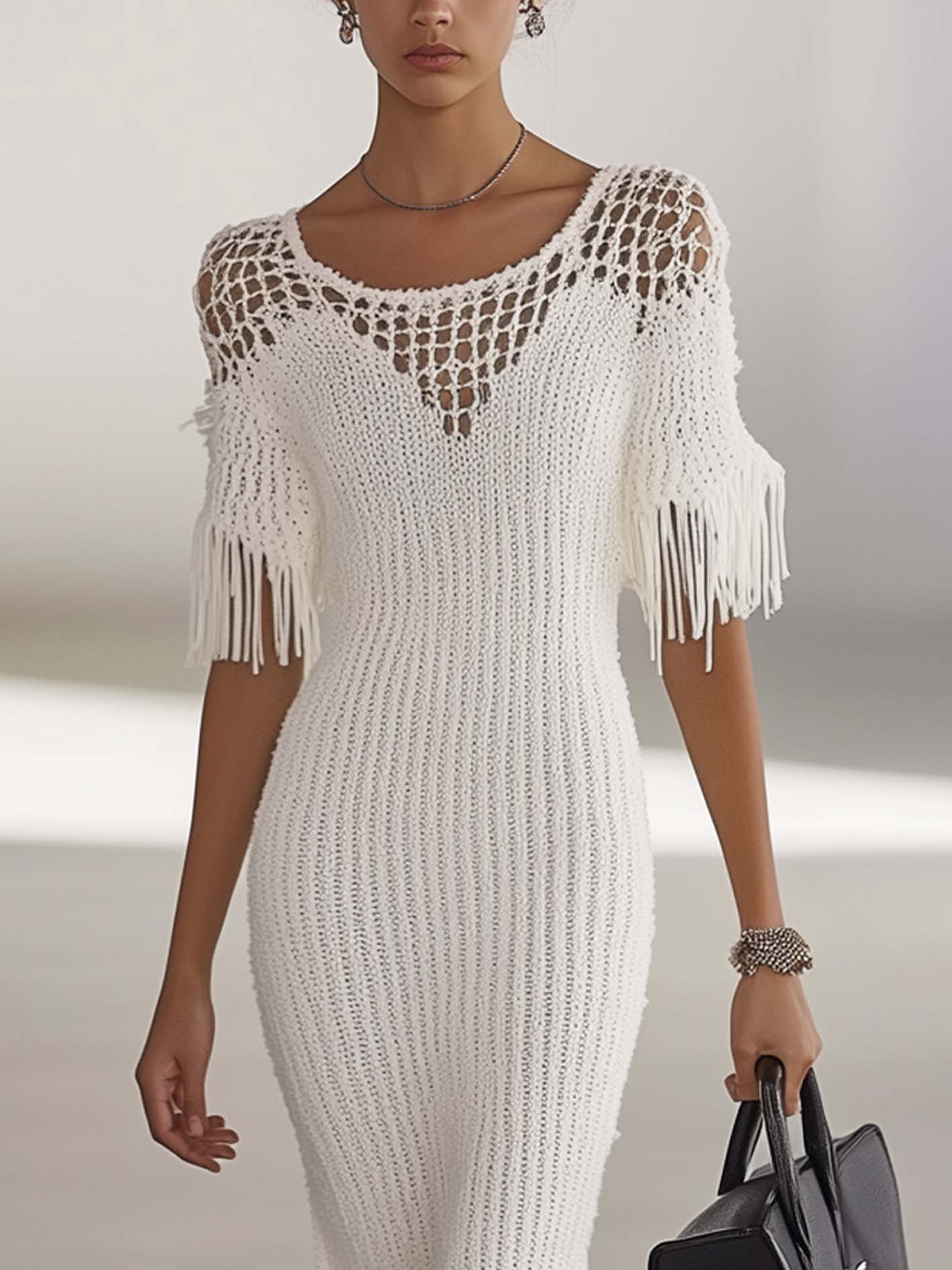 White Knitted Midi Bodycon Dress With Openwork Mesh And Tassels