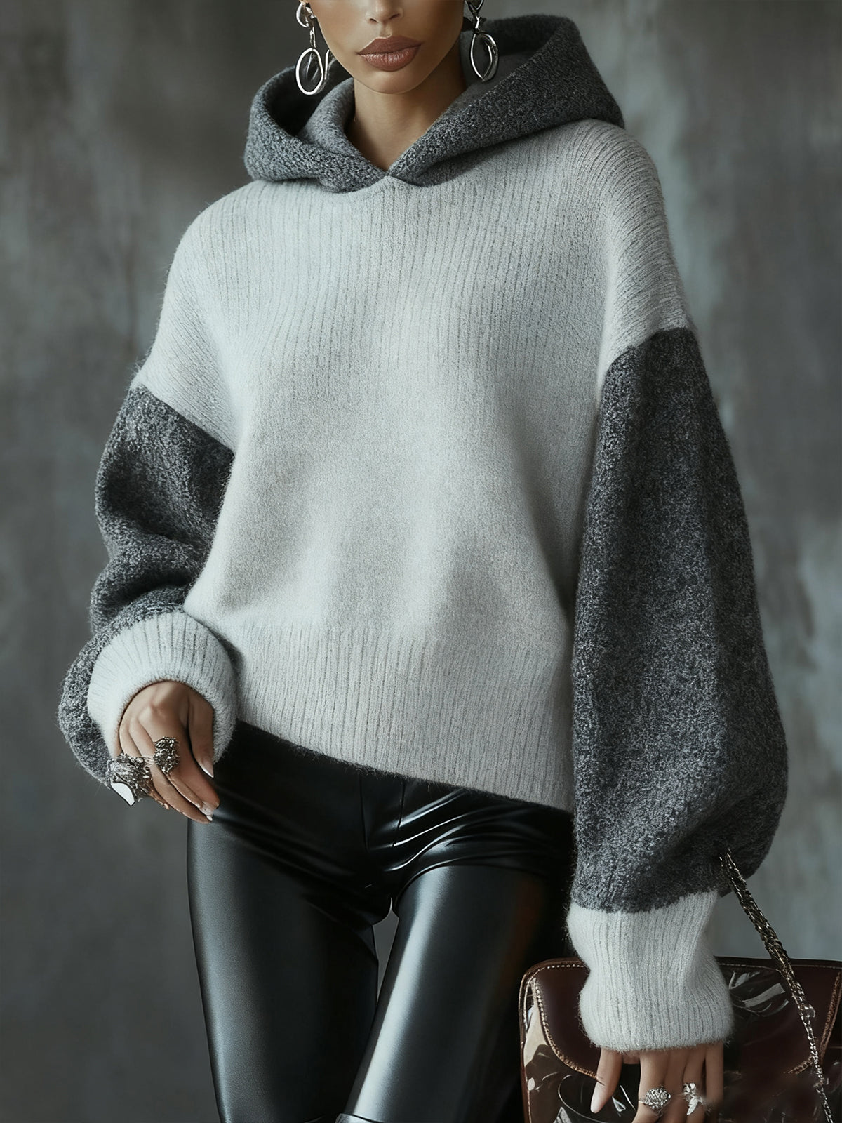 Two-Tone Knit Hoodie With Oversized Sleeves