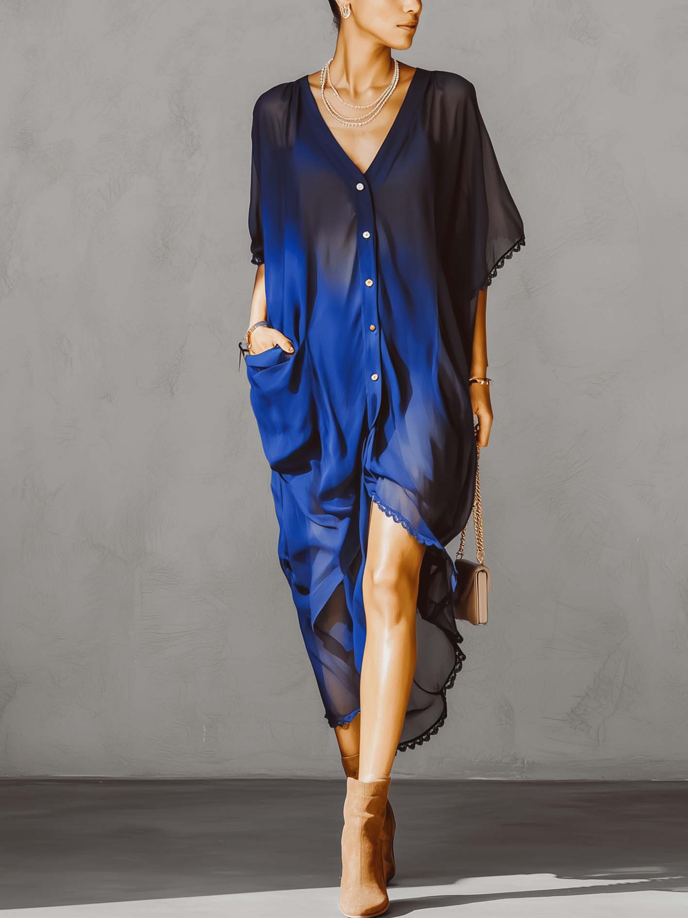 Ombre Blue Printed Lace Trim Midi Dress