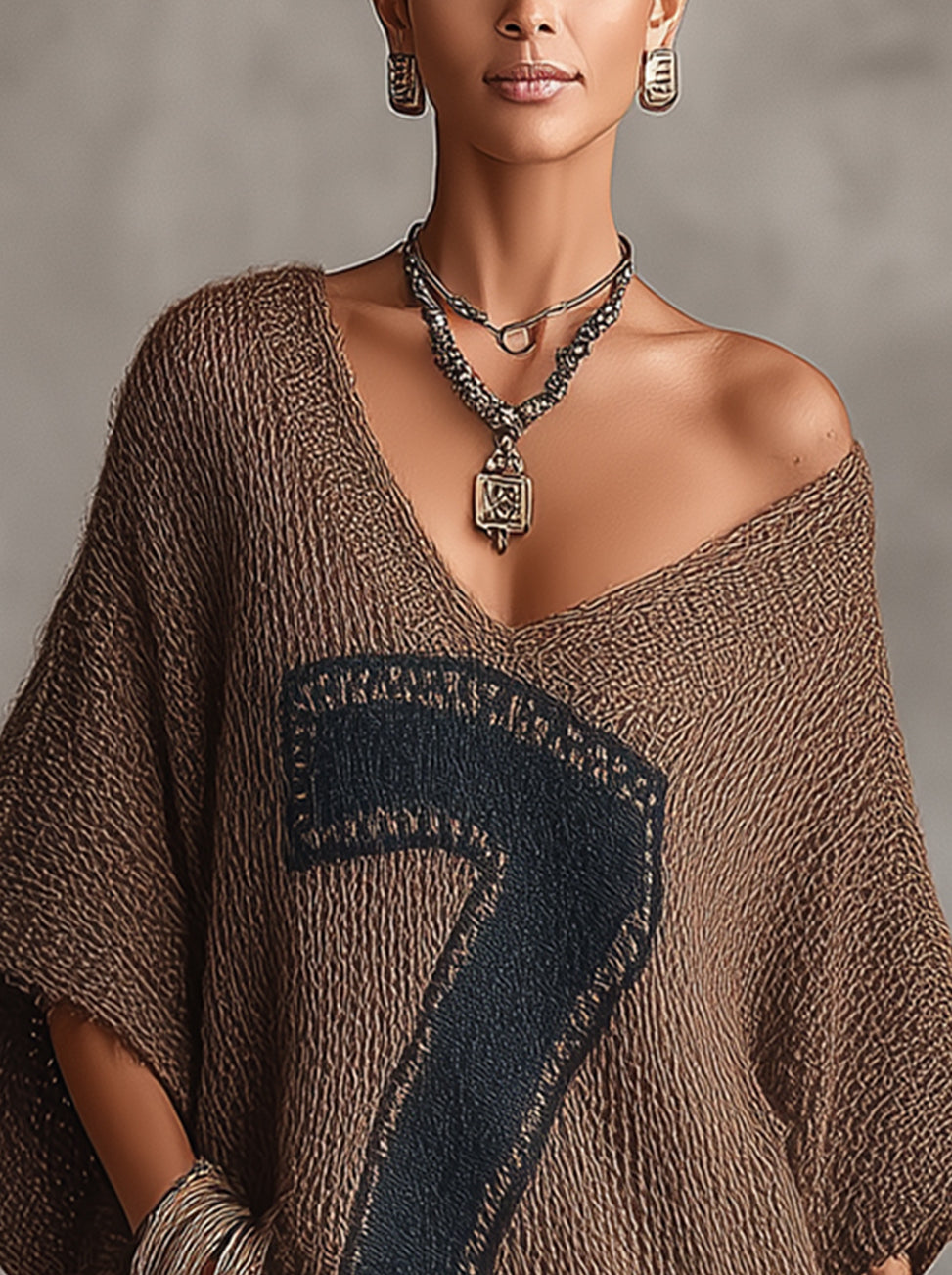 Brown Oversized Knit V-Neck Mini Dress With Number