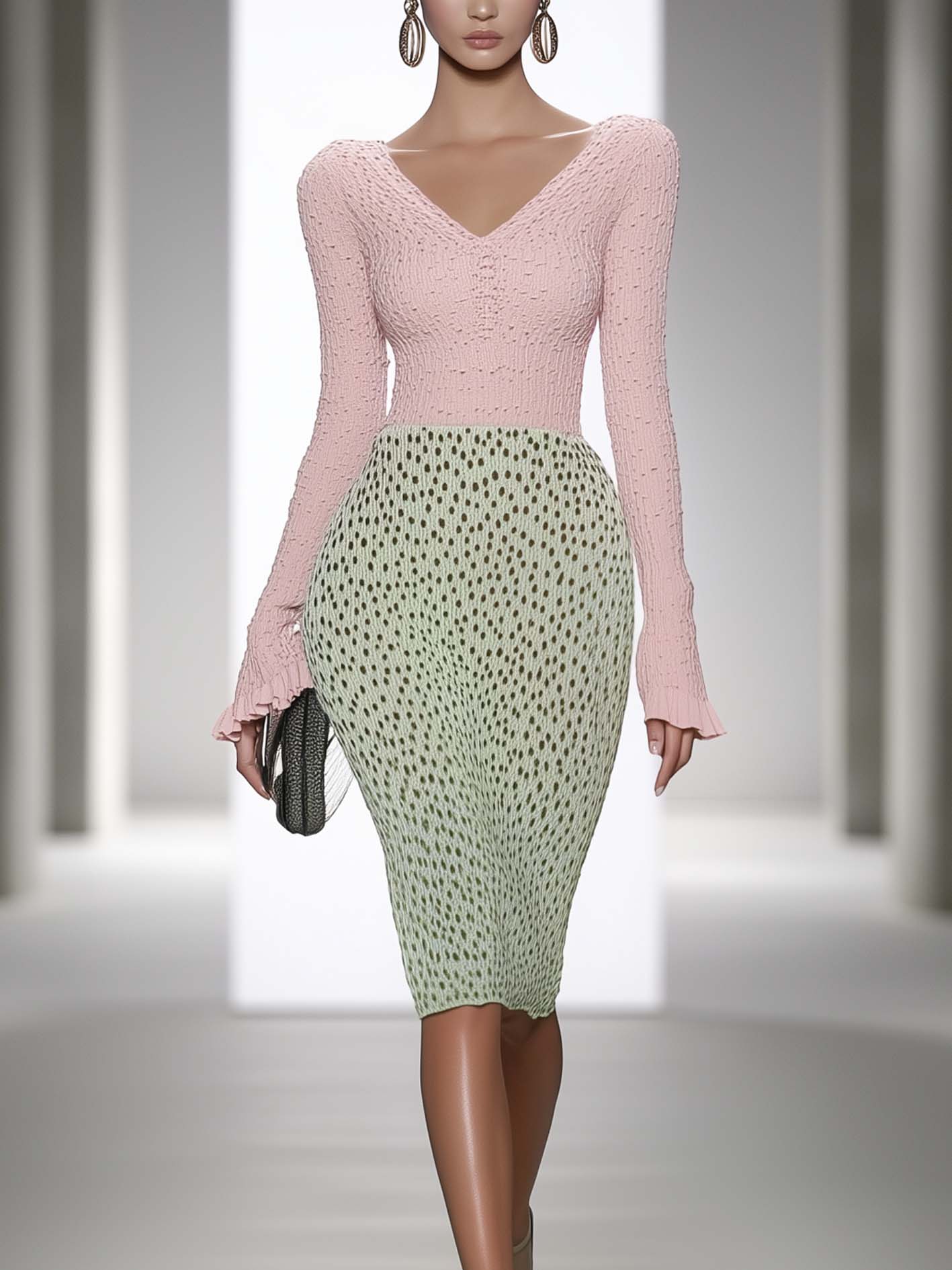 Pink Knitted Midi Bodycon Dress With Green Leopard Print Polka Dots
