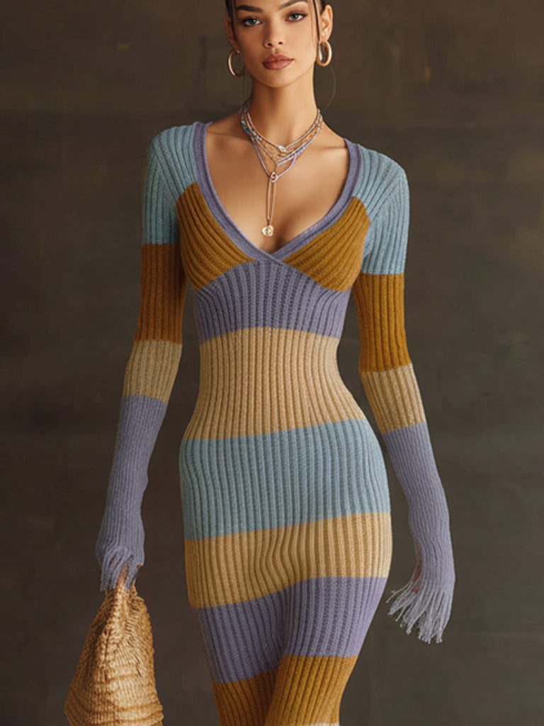 Multicolor Striped Knit Fringe Hem Bodycon Dress