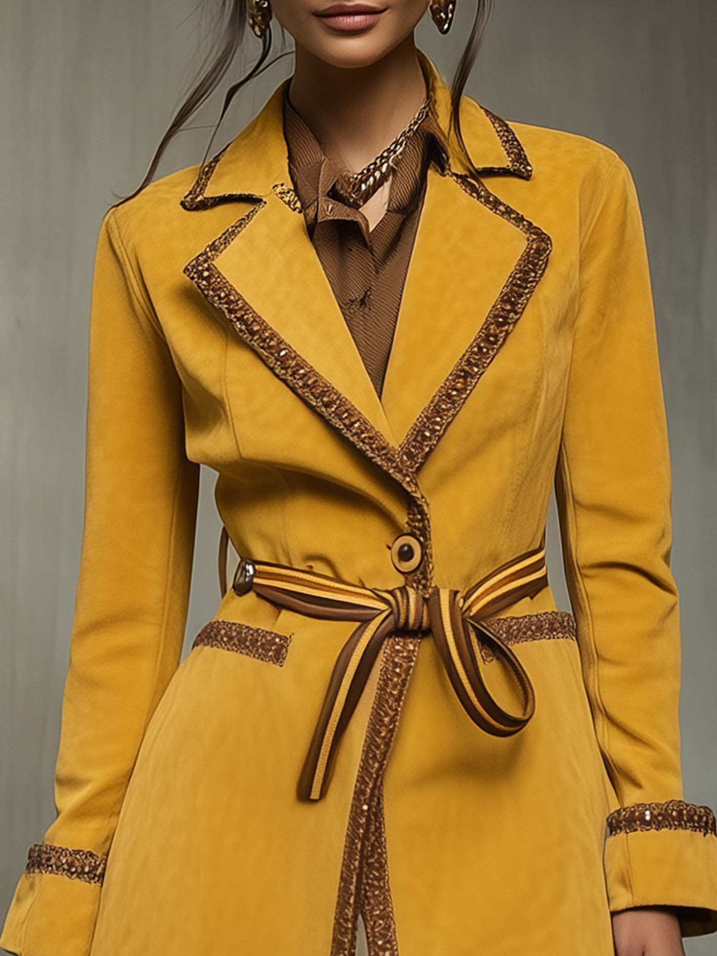 Yellow Faux Suede Coat With Brown Fashion Webbing