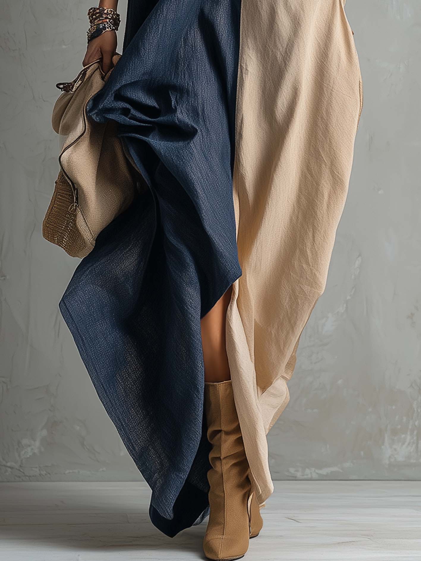 Deep Blue Contrast Linen Cotton Maxi Dress