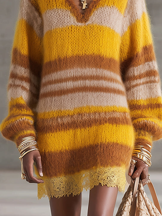 Yellow And Caramel Striped Mohair Sweater Dress With Lace Hem