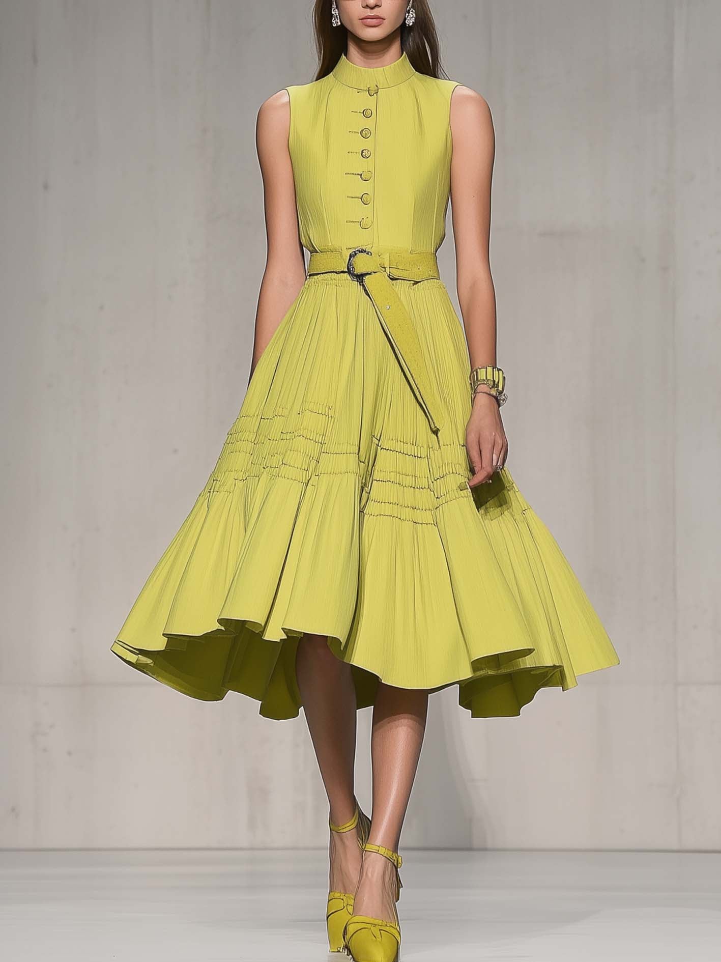 Sleeveless Yellow Green Midi Dress With Belt And Buttons