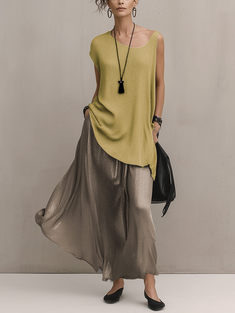 Yellow Loose Knit Top And Gray Satin Skirt Set