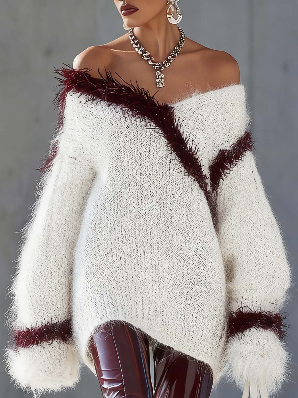 White Blended Knit Feather Trimmed Off Shoulder Pullover Sweater