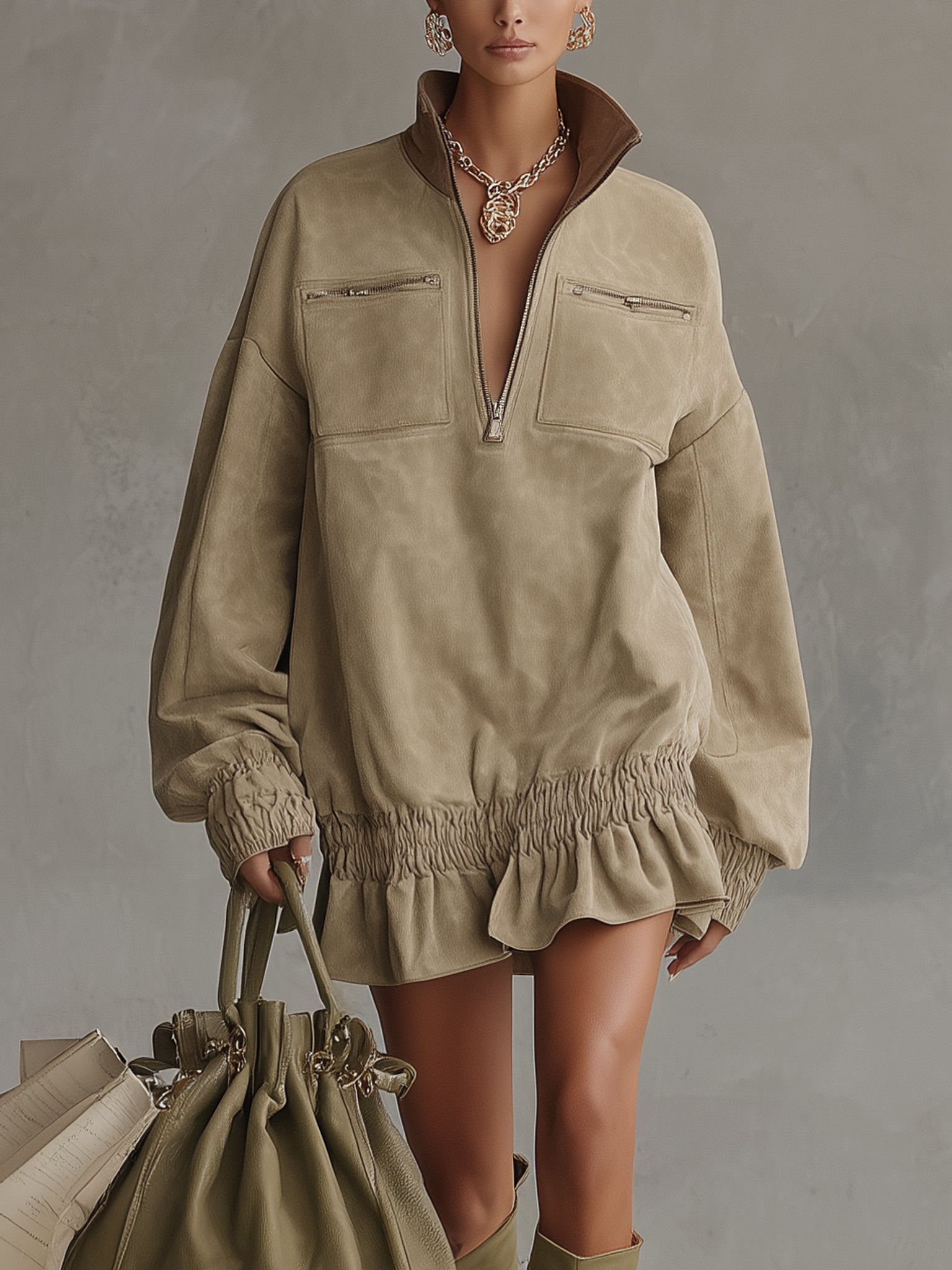 Vintage Beige Faux Suede Half Zip Mini Dress