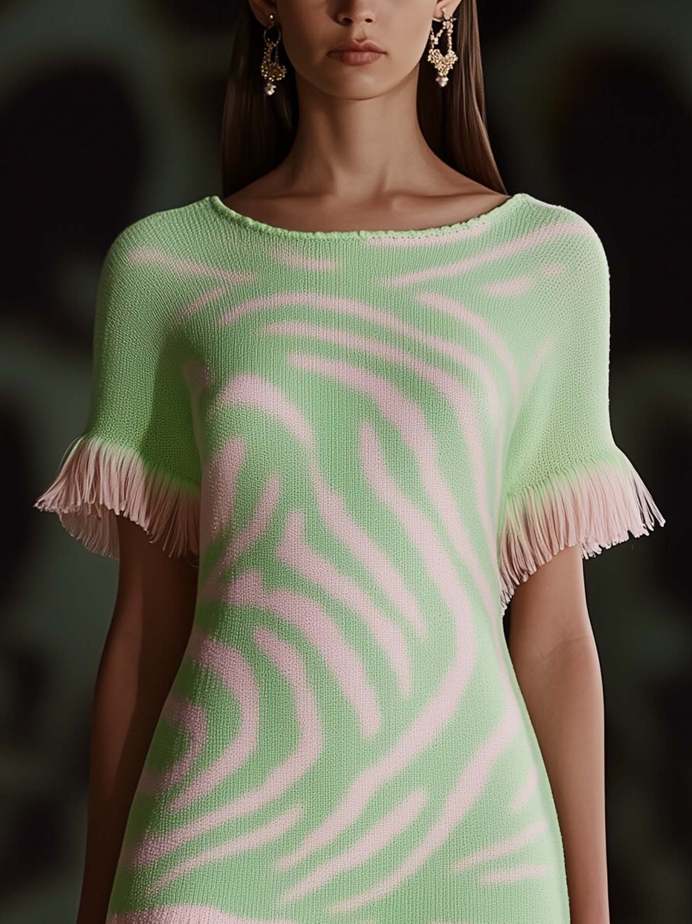 Light Green Knitted Mini Dress With Pink Zebra Print And Tassels