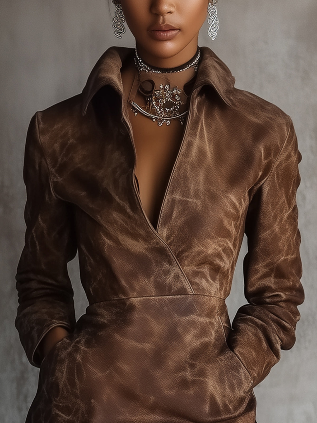 Brown Faux Leather Dress With Fringe Hem