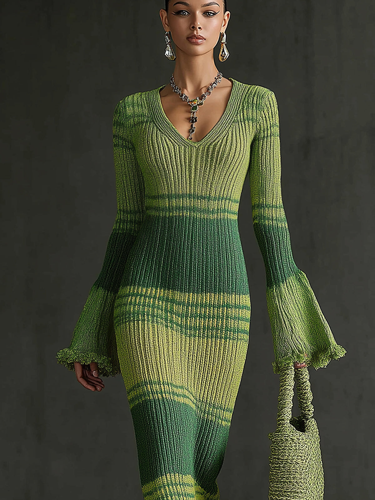 Green Ombre Knit Flared Sleeve Midi Dress