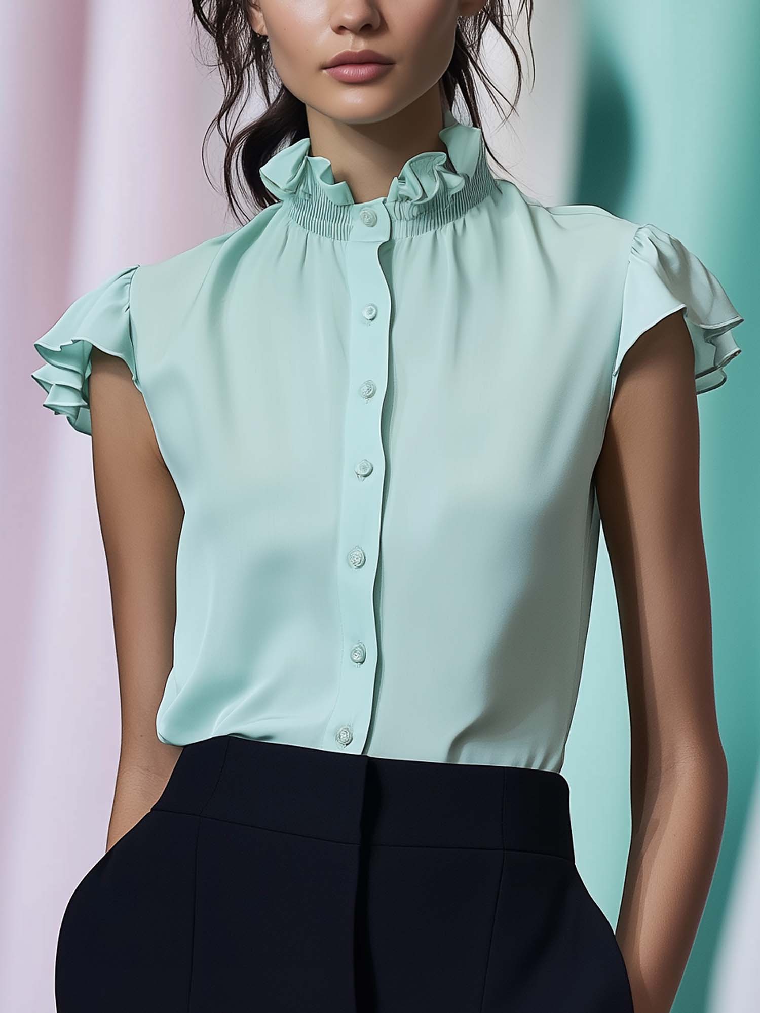 Sleeveless Mint Green Chiffon Blouse With Ruffles