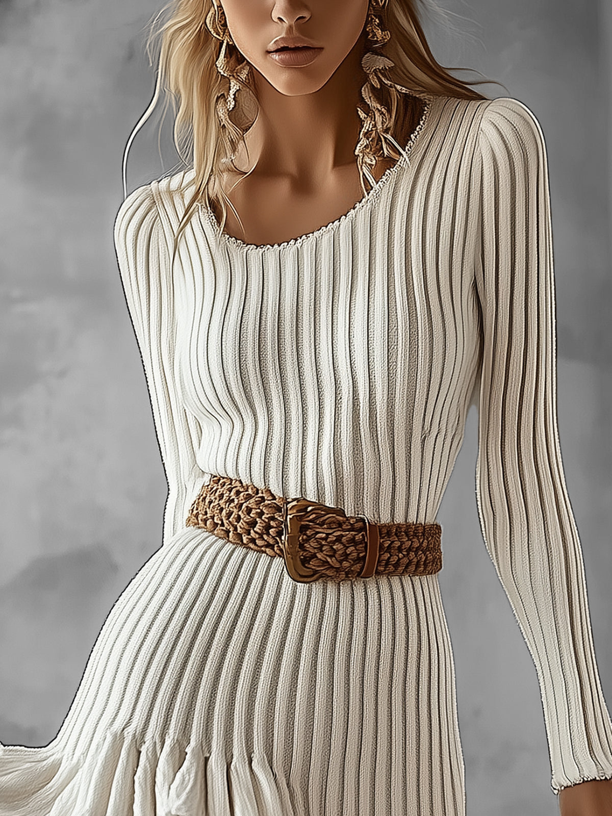 White Ribbed Knit Ruffle Hem Mini Dress