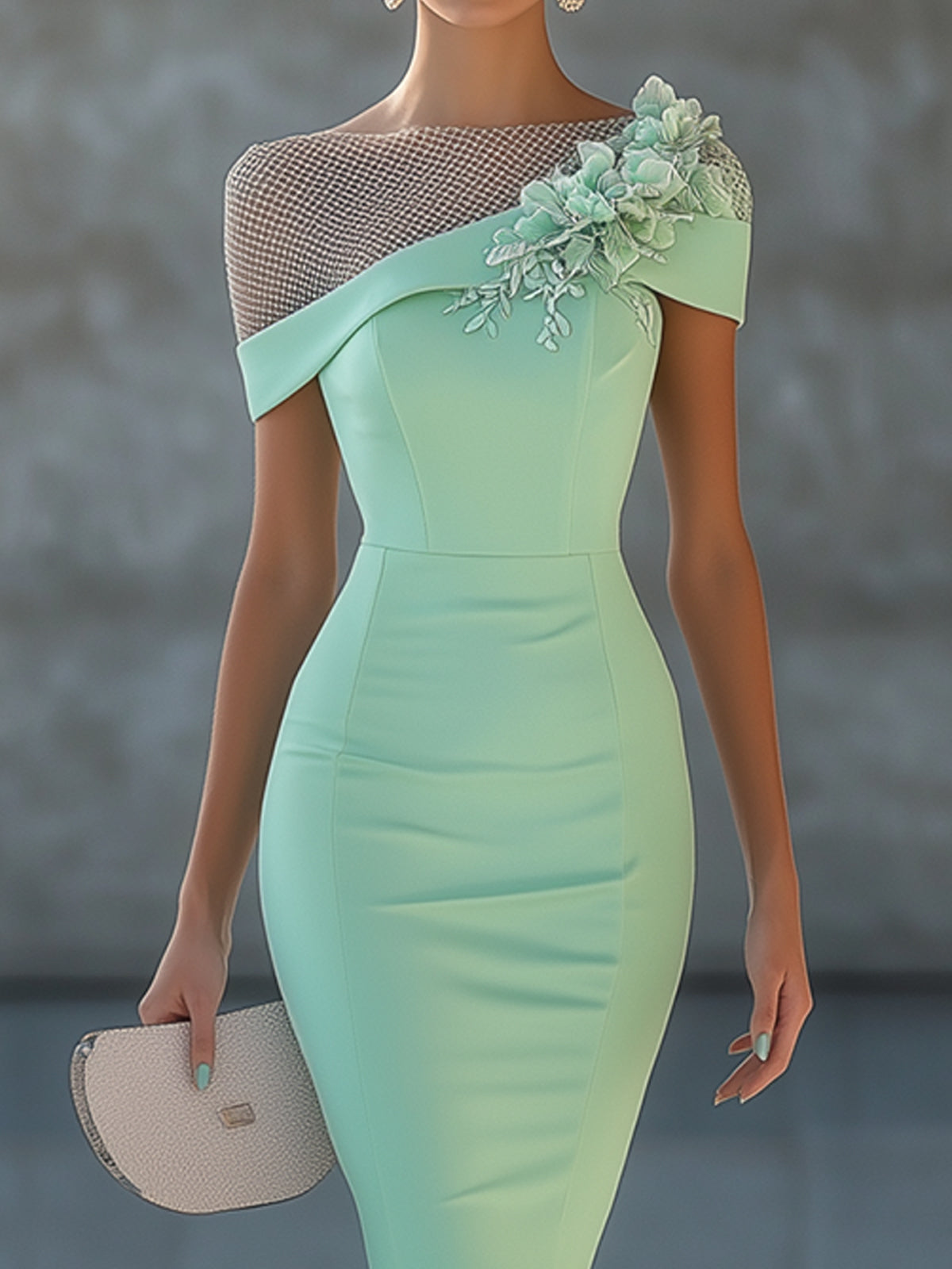 Mint Floral Appliqué One Shoulder Midi Dress