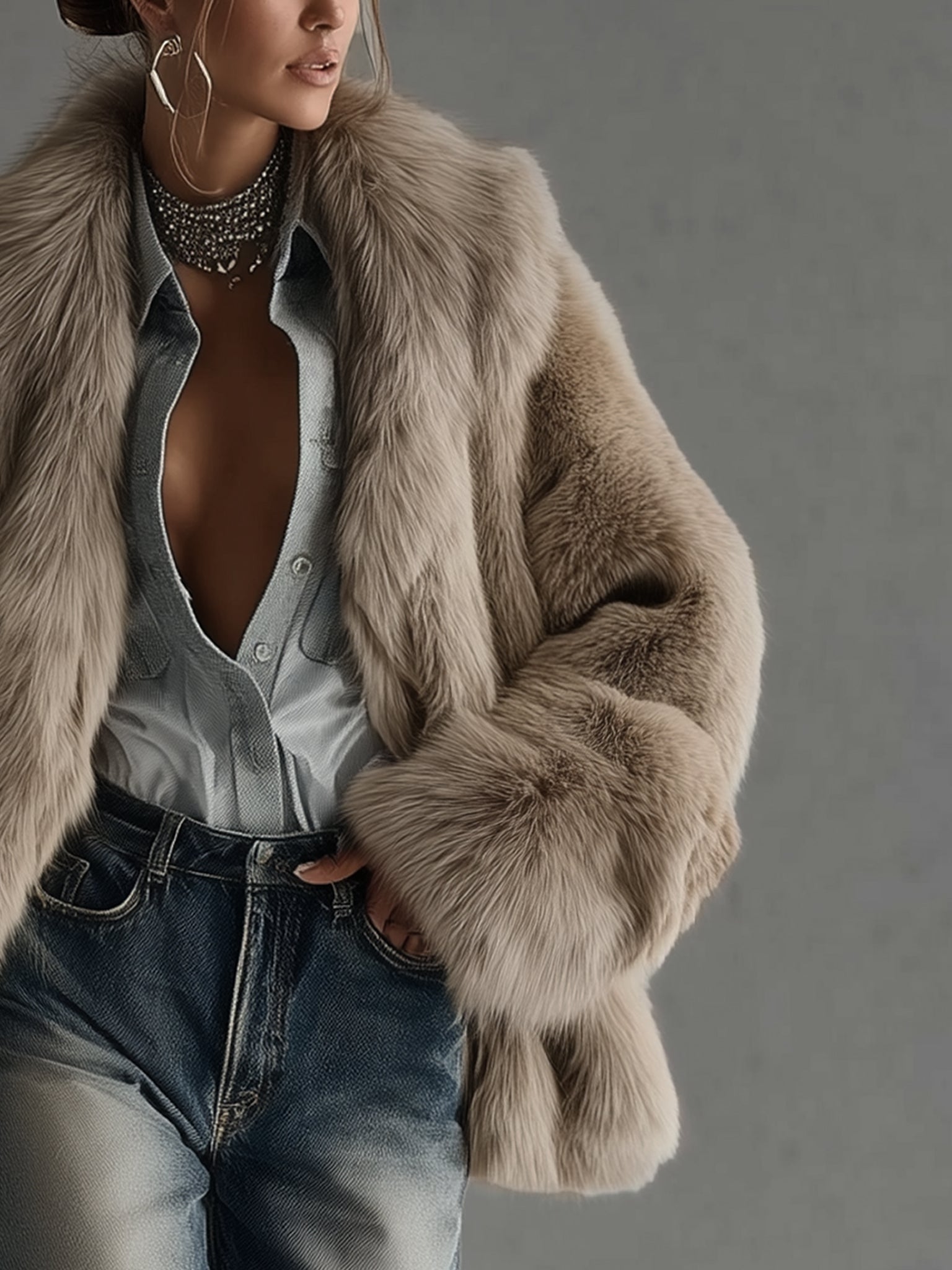 Soft Taupe Faux Fur Oversized Long Sleeve Coat