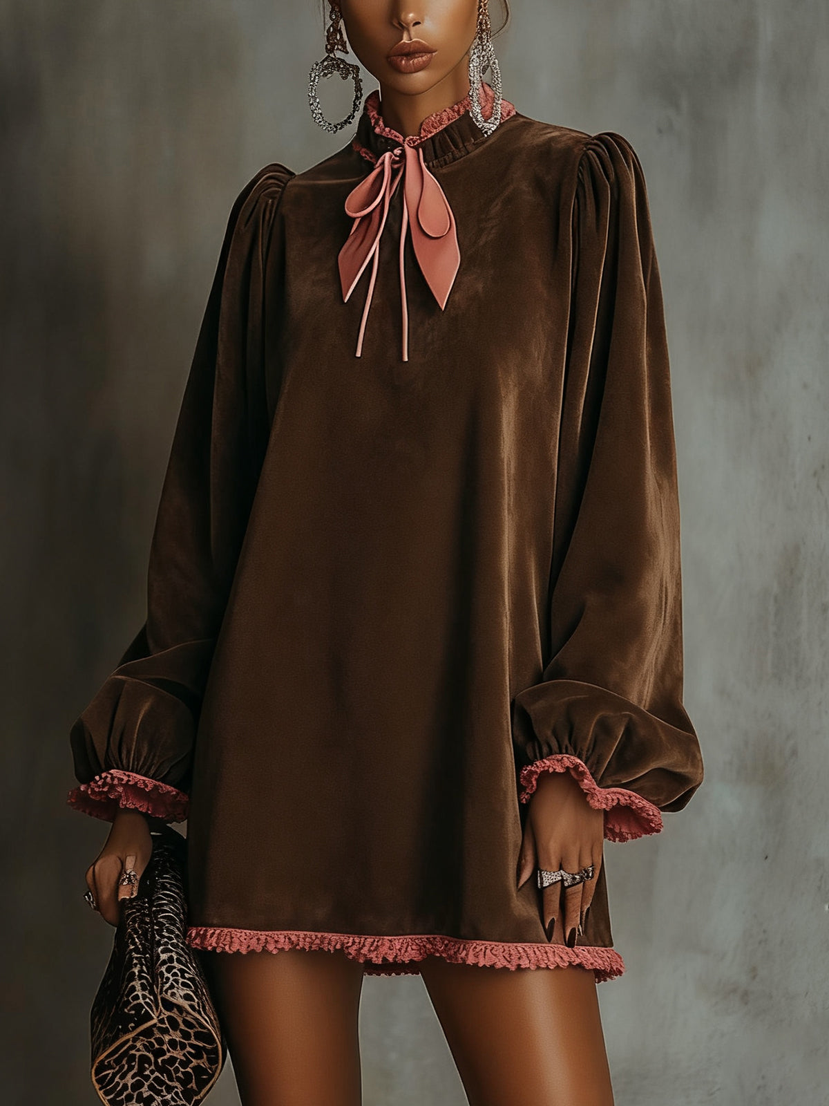 Chocolate Velvet Dress With Pink Ruffle Trim