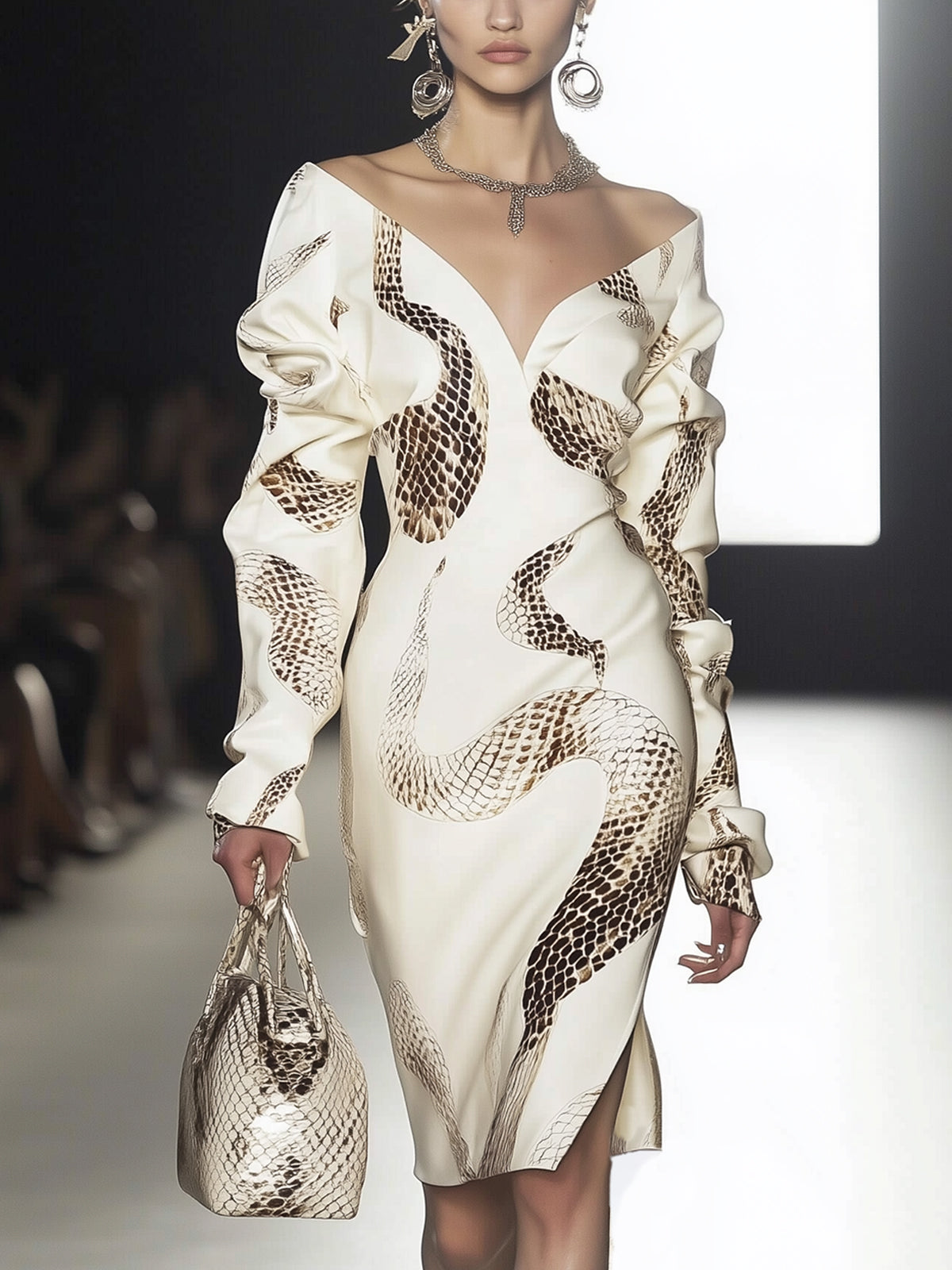 Cream Snake Print V-Neck Long Sleeve Midi Dress