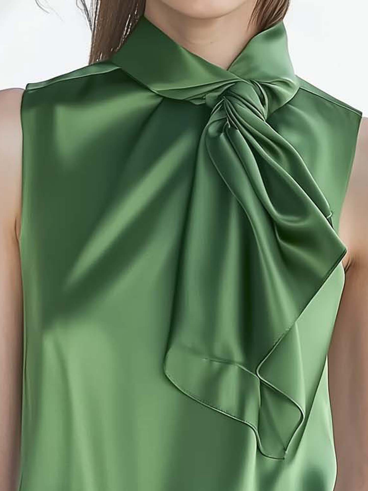 Sleeveless Green Satin Shirt With Tie Neck
