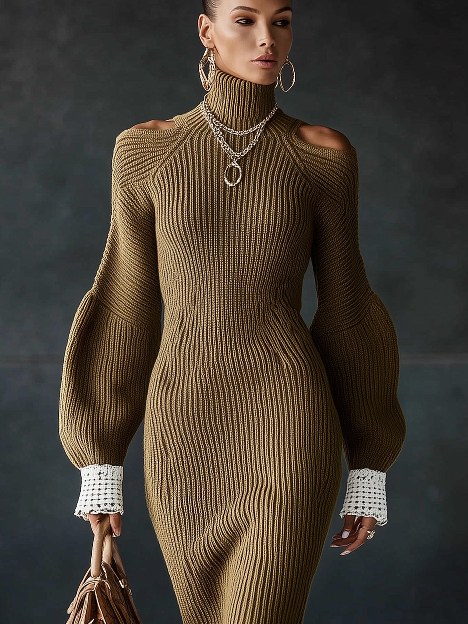 Olive Ribbed Knit Cold Shoulder Long Sleeve Bodycon Dress