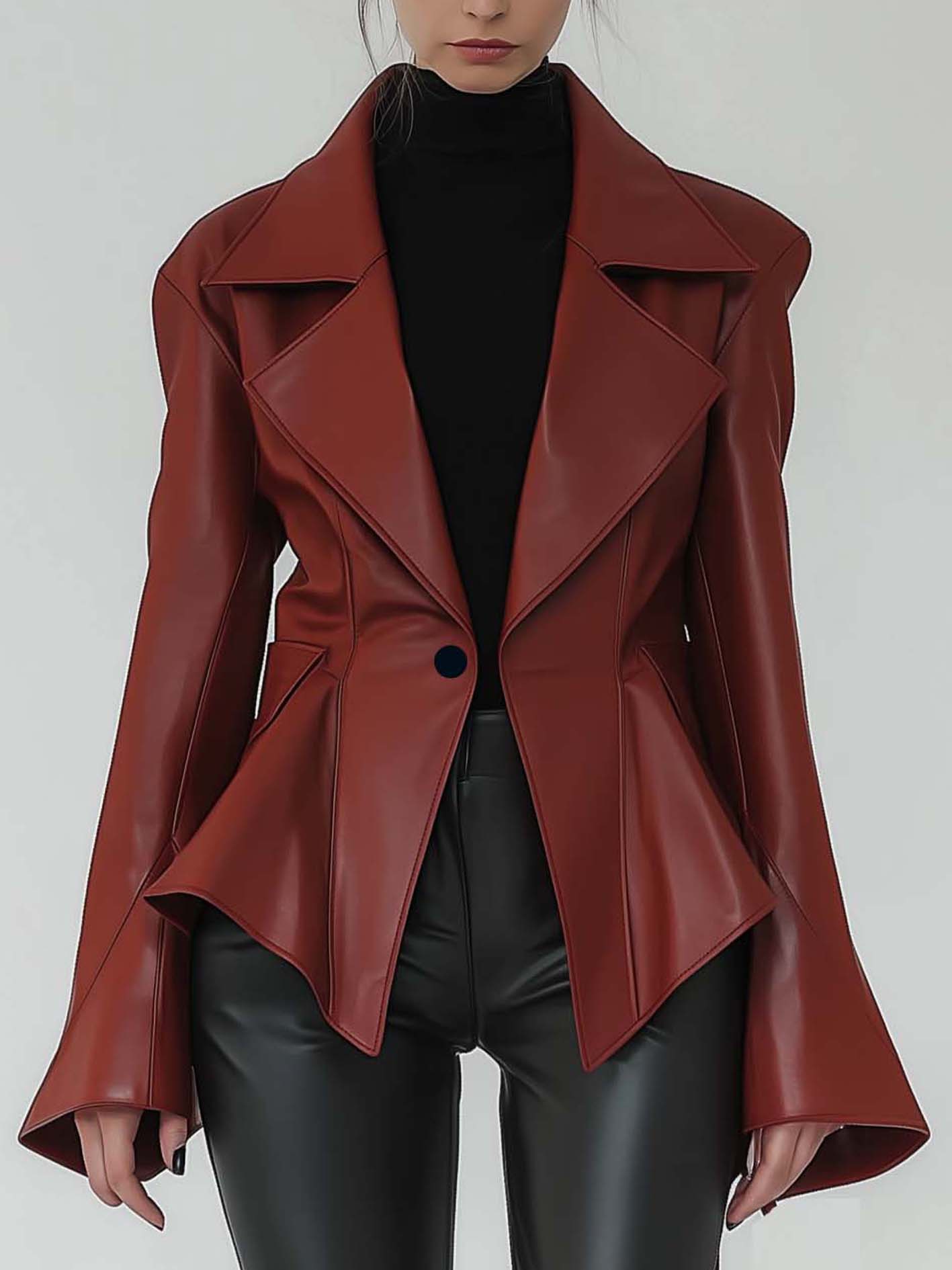 Red Faux Leather Jacket With Flared Sleeves