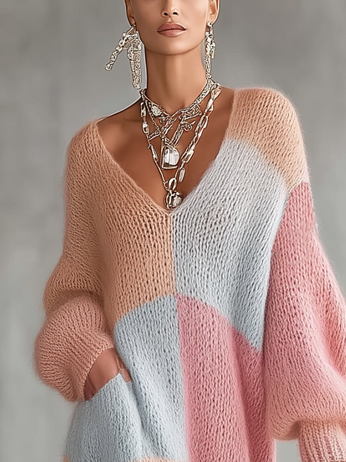 Pastel Color Block Mohair Oversized Knit Sweater Dress
