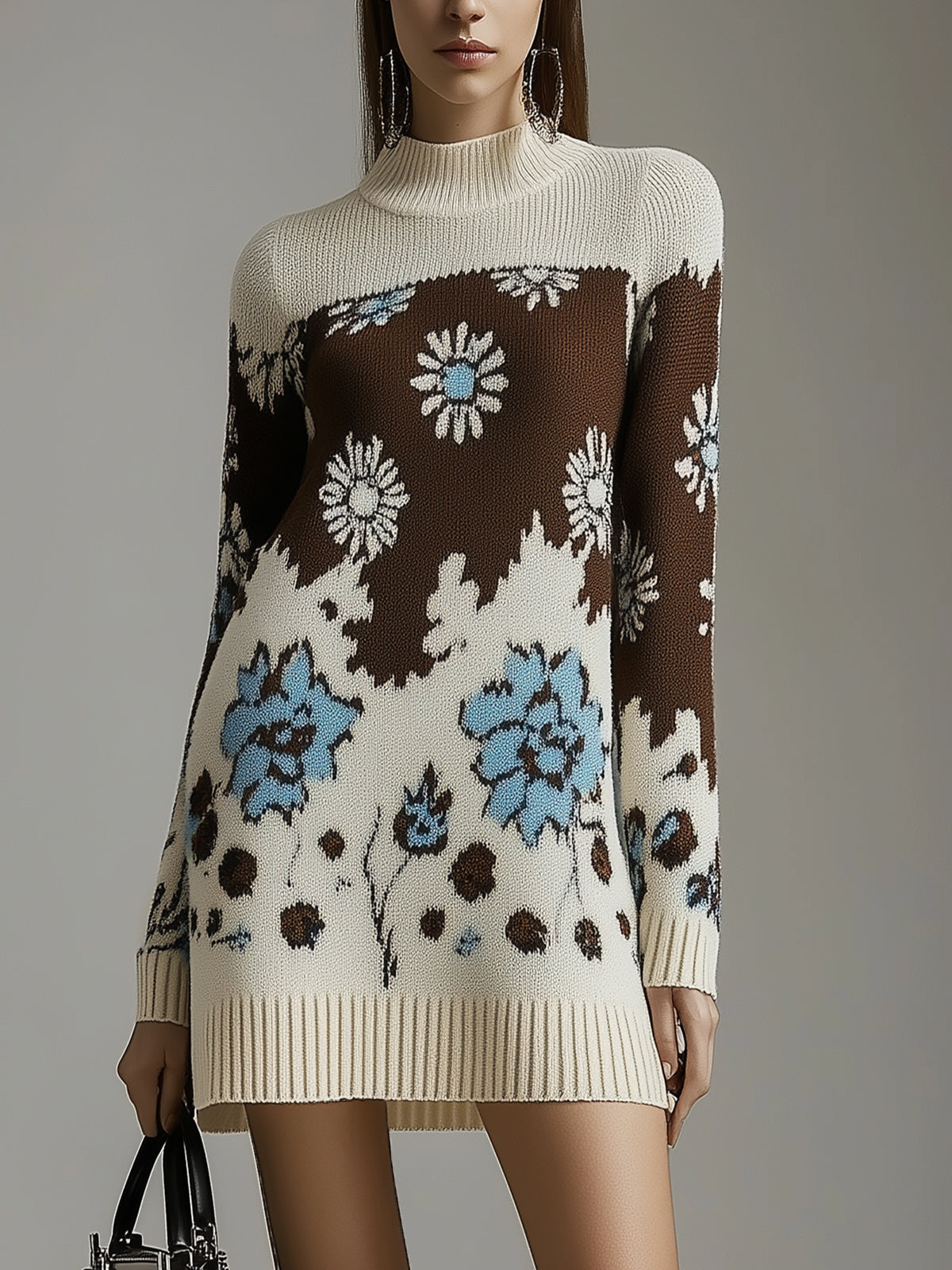 Floral Patterned Turtleneck Knit Dress