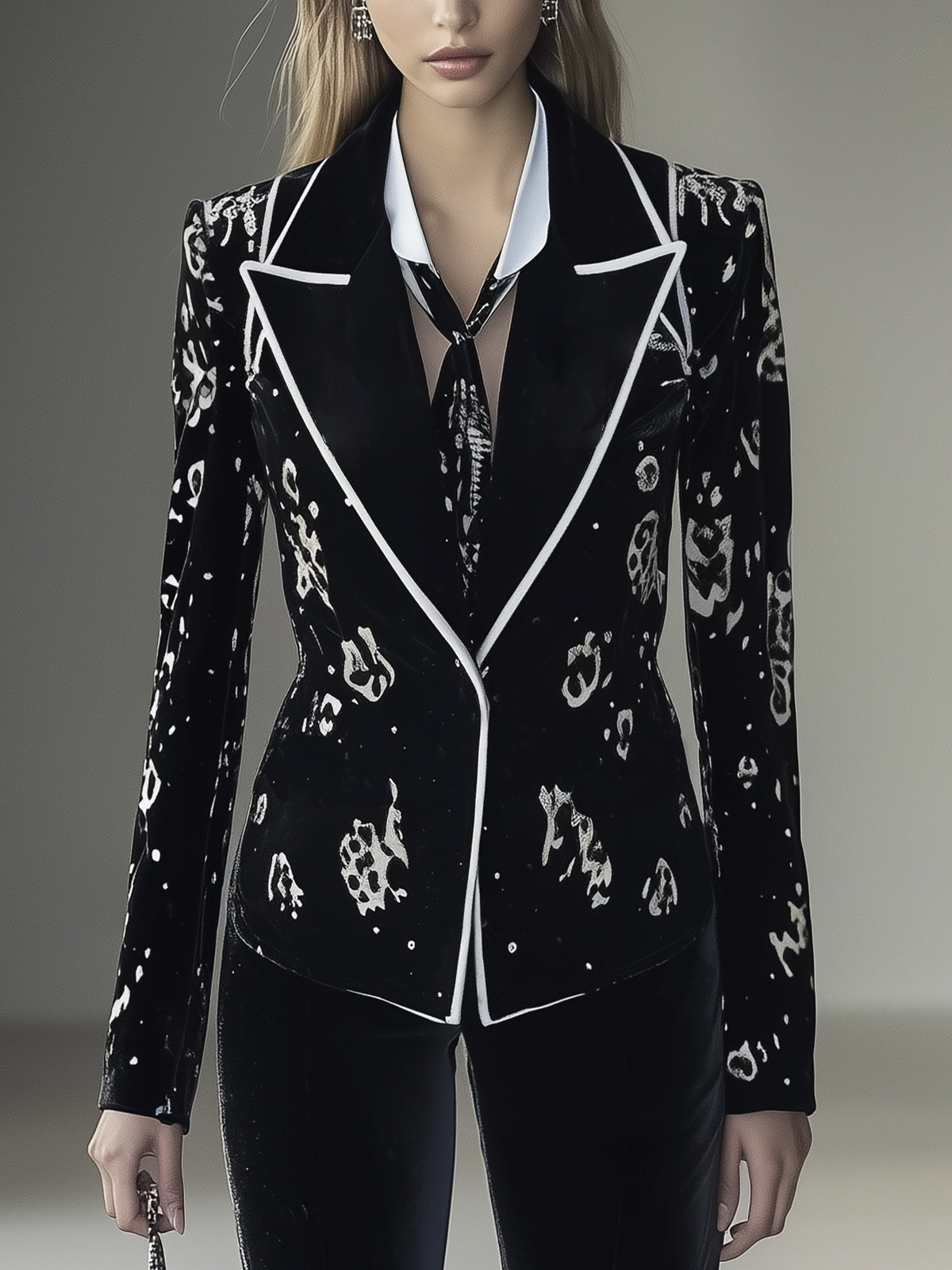 Black Velvet Blazer With Leopard Print