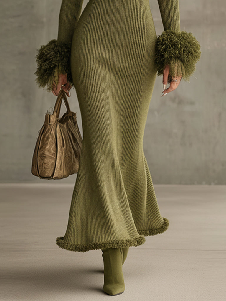 Green Knit Eco-Friendly Fur Collar Long Sleeve Maxi Dress