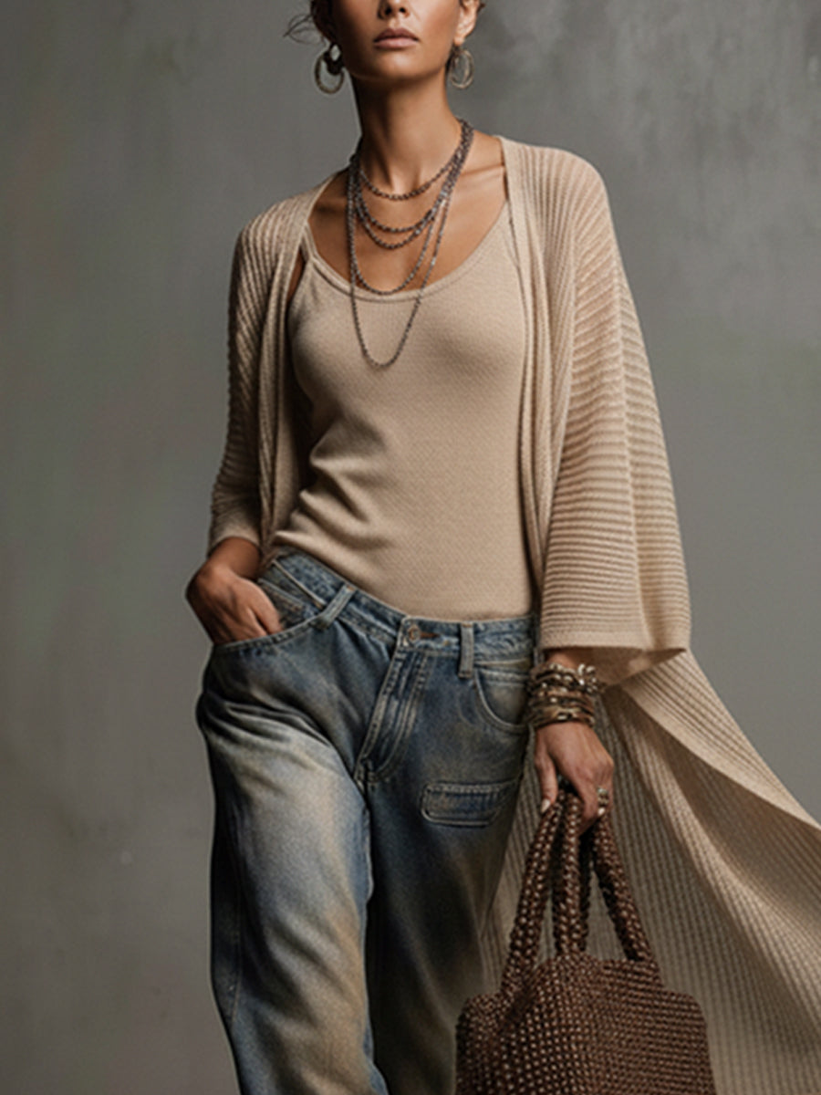 Light Khaki Knit Camisole And Sheer Cardigan Set