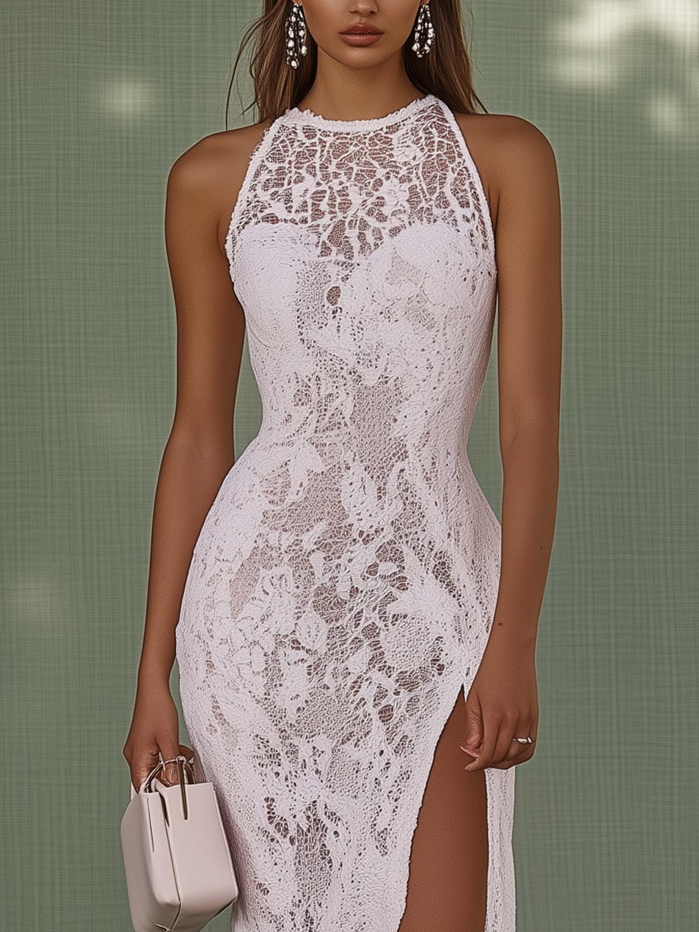 Elegant Light Pink Lace Midi Bodycon Dress With Front Slit
