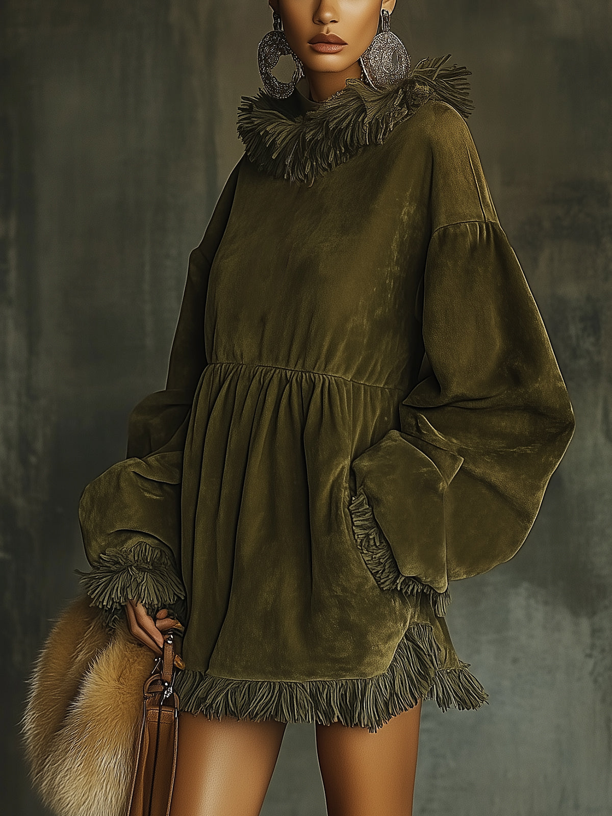 Olive Fringe Trim Faux Suede Mini Dress
