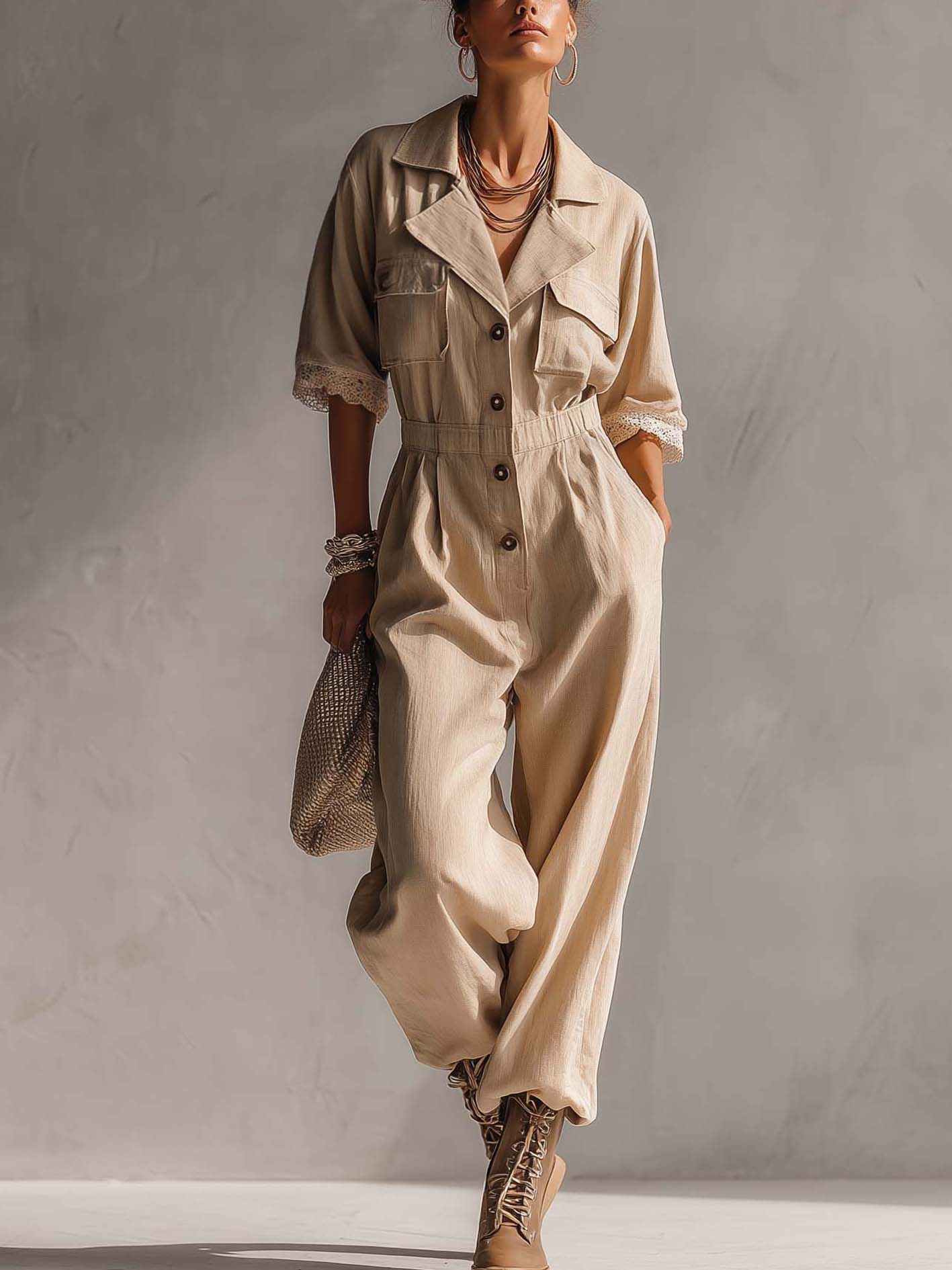 Beige Cotton Linen Lace Cuff Jumpsuit