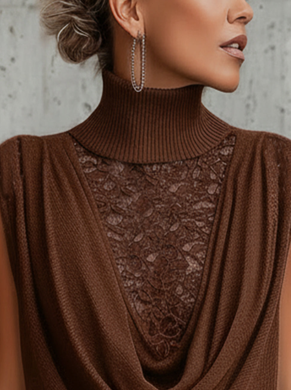 Brown Sleeveless Cowl Neck Lace Panel Sweater