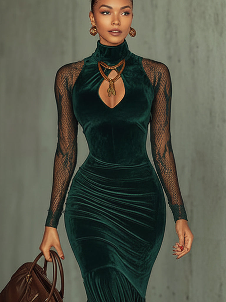 Emerald Velvet Lace Cutout Long Sleeve Maxi Dress