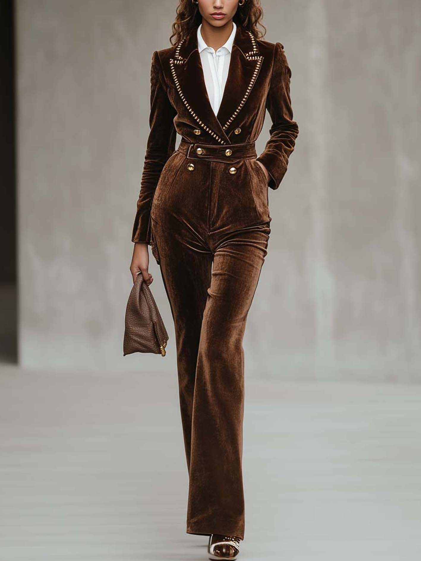 Double-breasted Brown Velvet Jumpsuit With Stylish Trim
