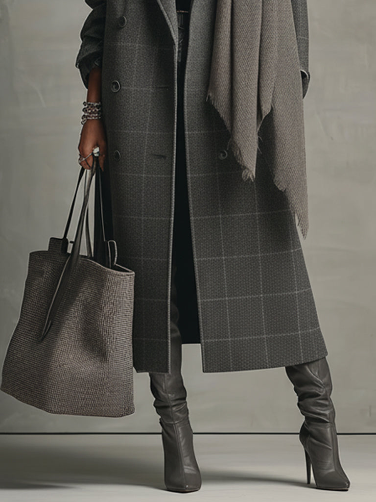Charcoal Gray Check Double Breasted Wool Blend Coat