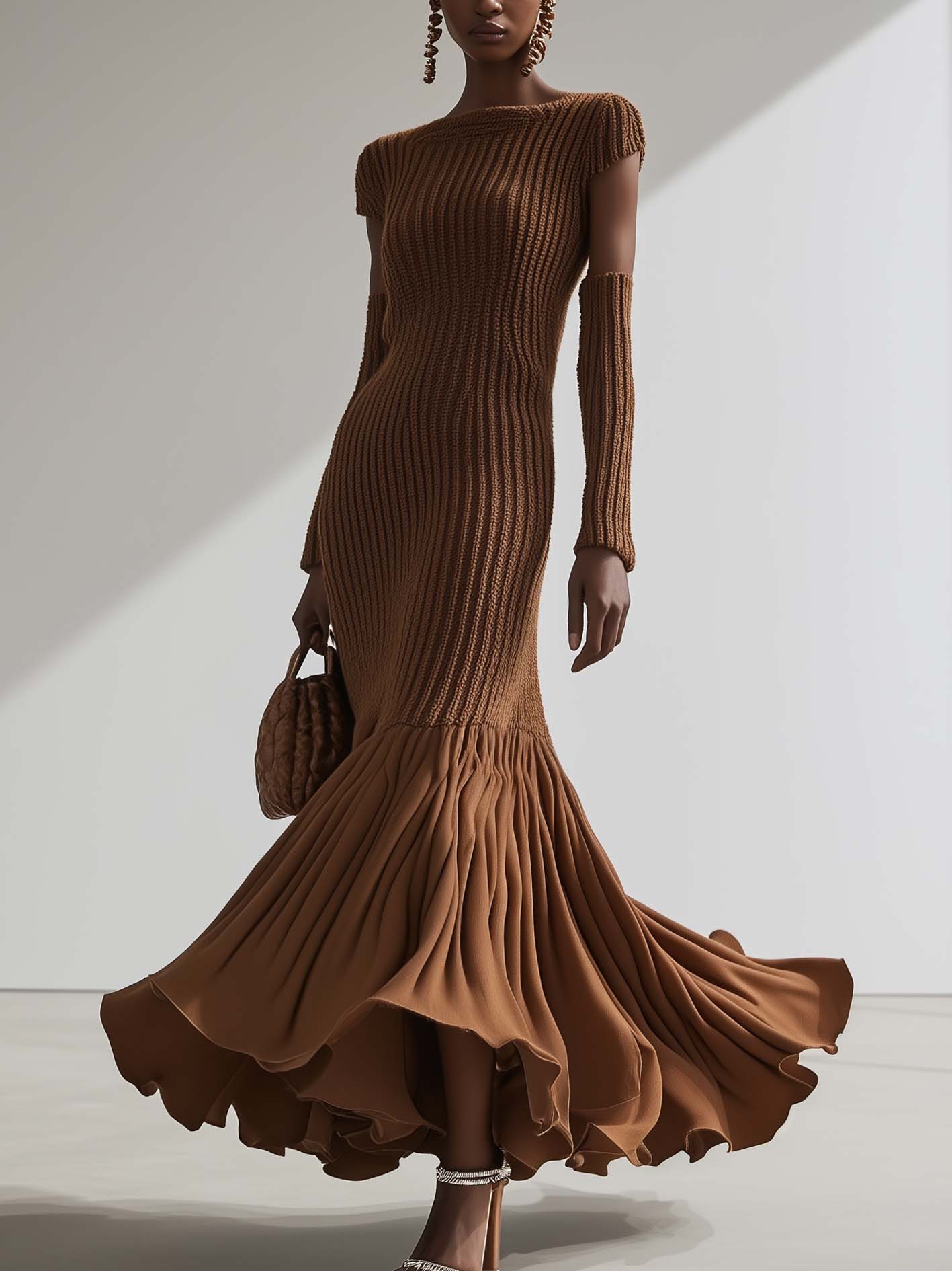Brown Knitted Maxi Dress With Chiffon Stitching