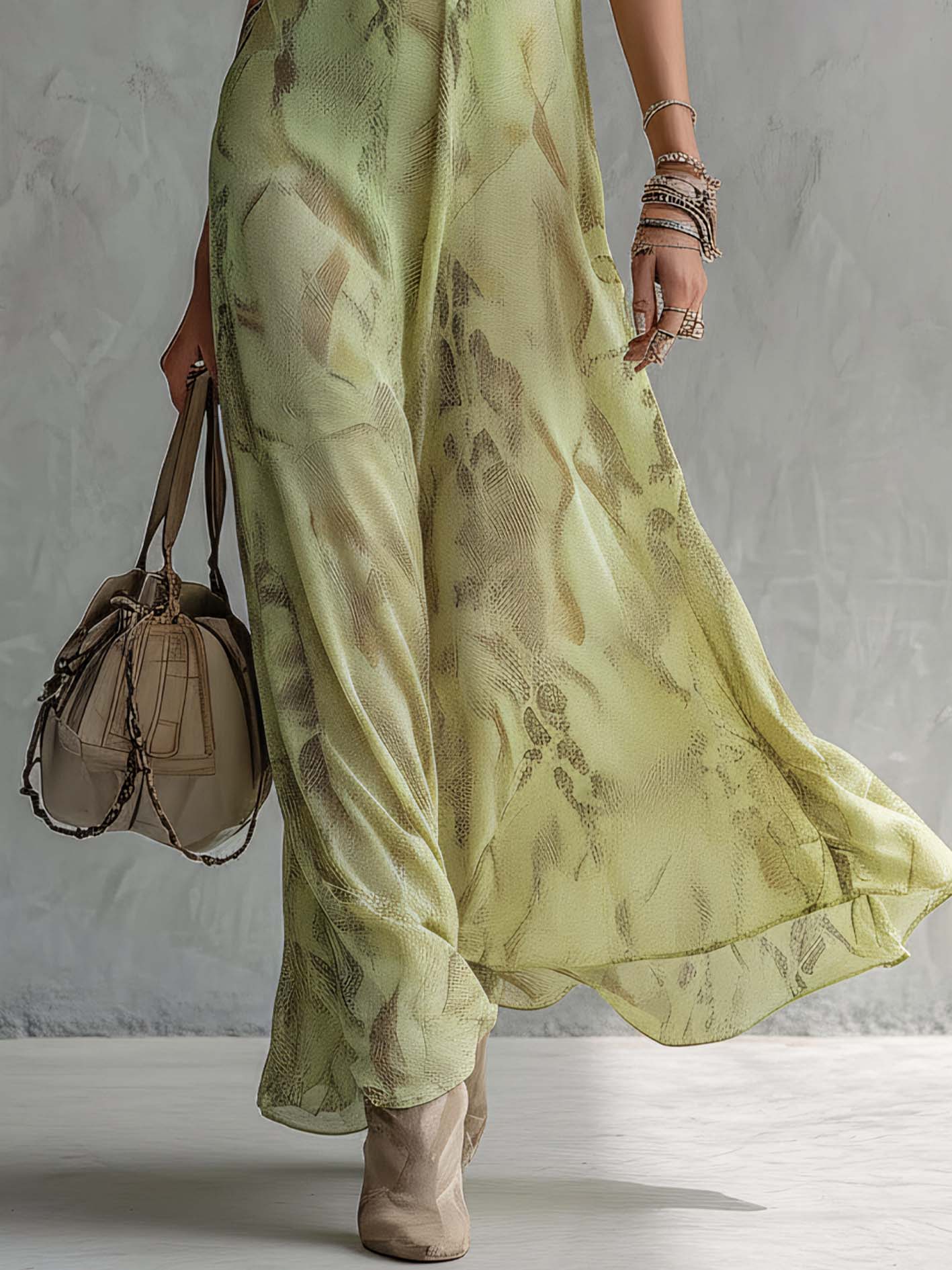 Green Chiffon Sleeveless Animal Print Maxi Dress