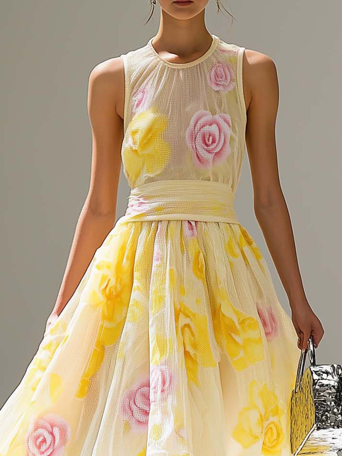 Light Yellow Tencel Midi Dress With Flower Print