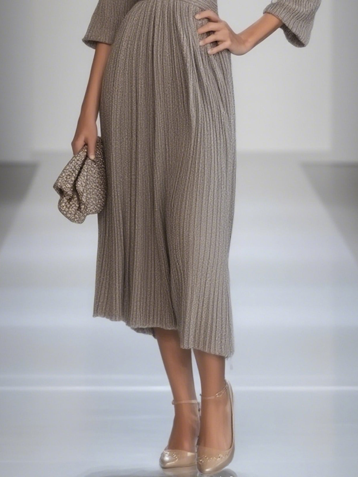 Grey Metallic Ribbed V-Neck 3/4 Sleeve Waisted Midi Dress
