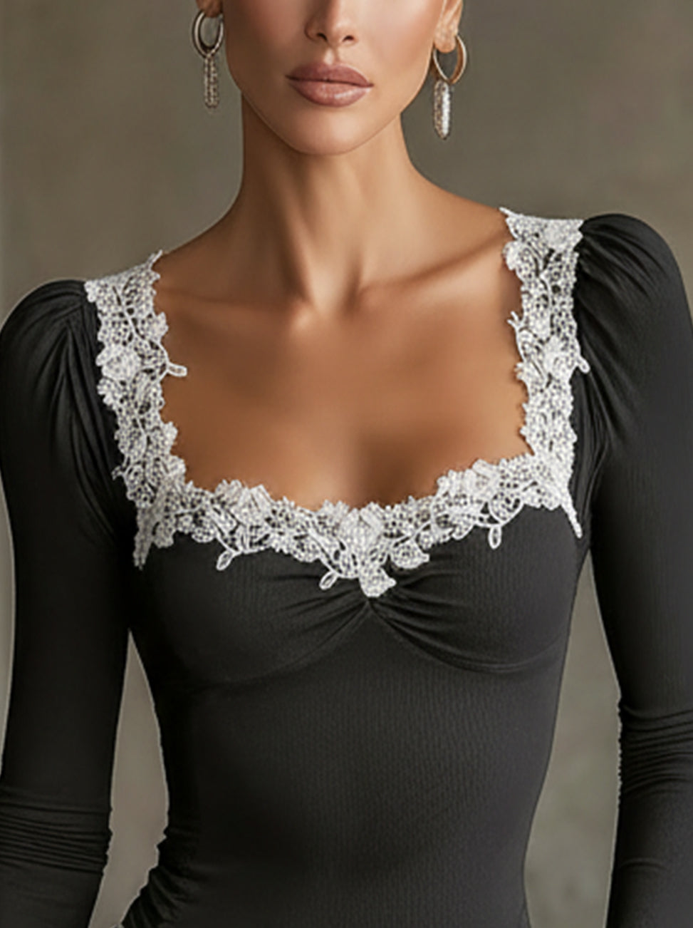 Black Square-Neck Lace-Trim Long Sleeve Shirt