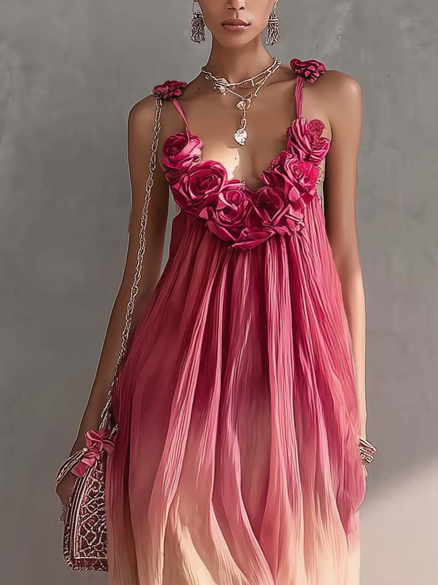 Gradient Pink 3D Flower Chiffon Maxi Dress