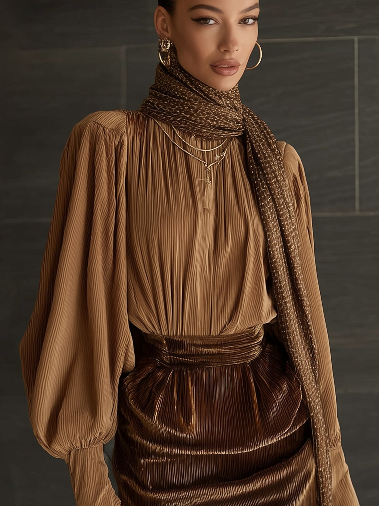 Brown Corduroy Velvet Panel Long Sleeve Mini Dress