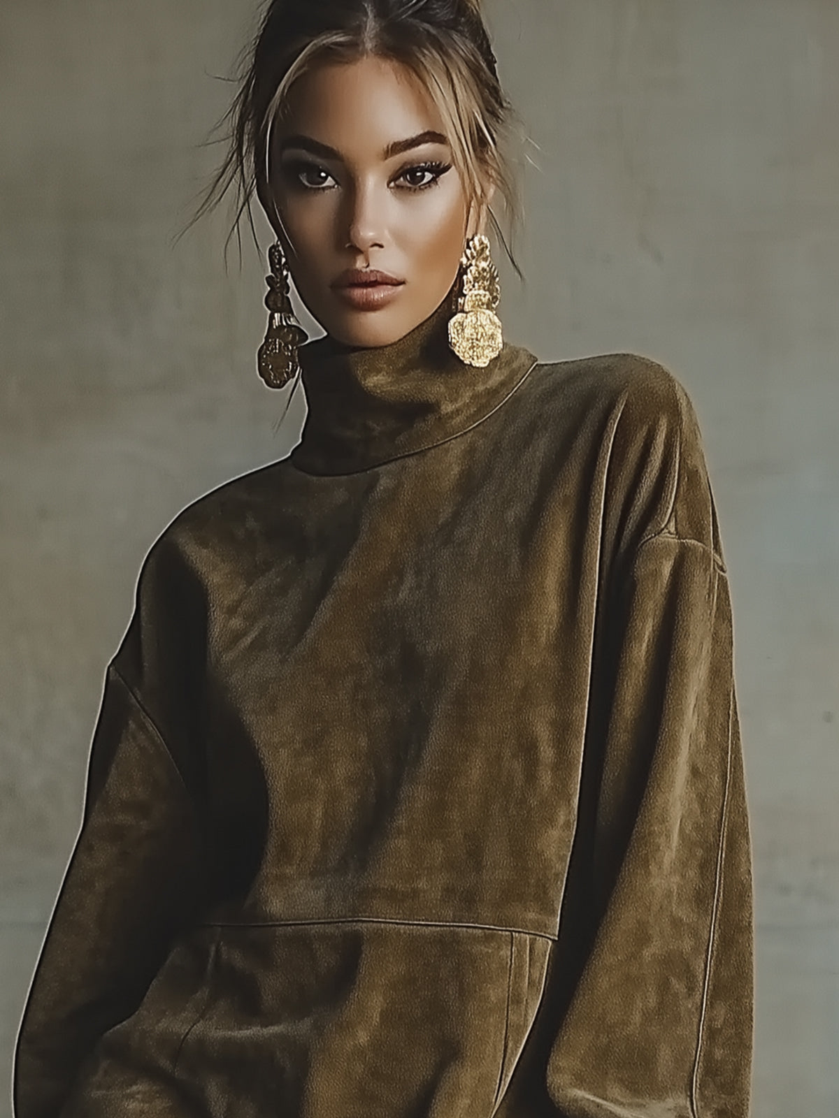 Olive Faux Suede Turtleneck Mini Dress