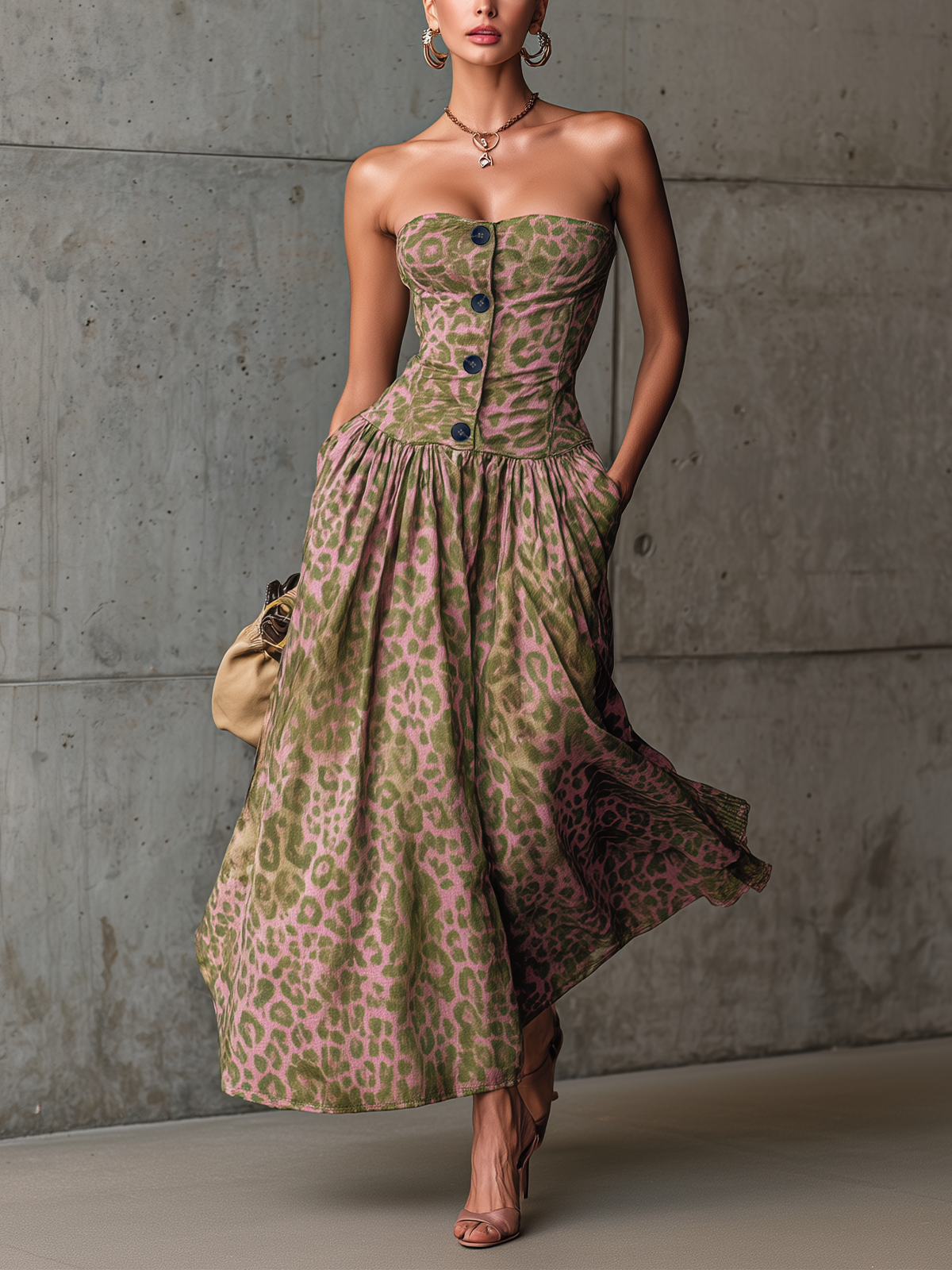 Strapless Button-Front Maxi Dress With Fitted Bodice And Animal Print