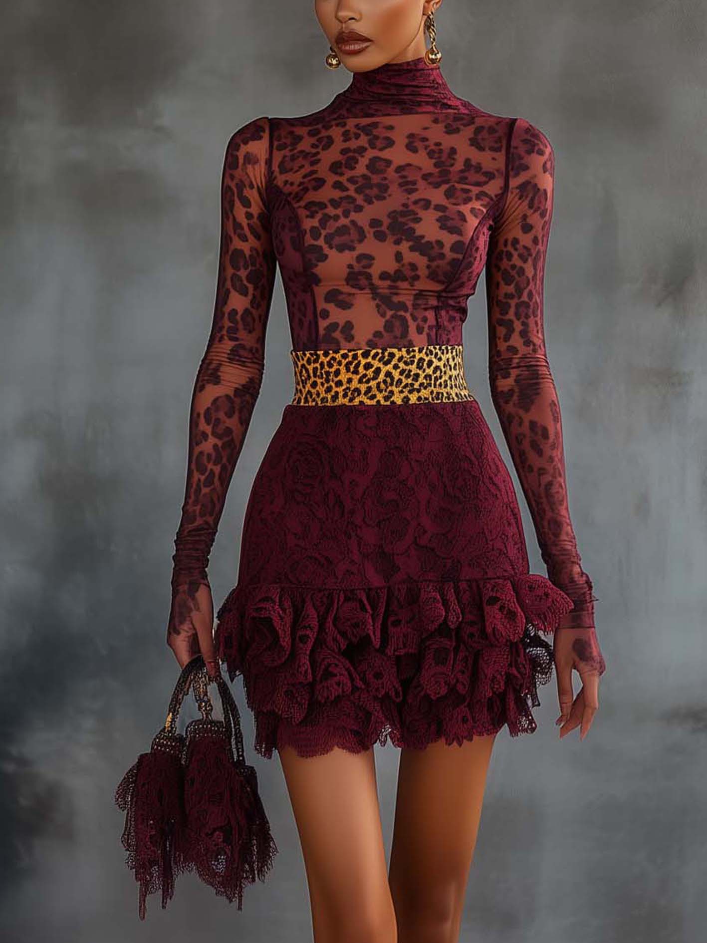 Burgundy Leopard Print Mini Dress With Lace