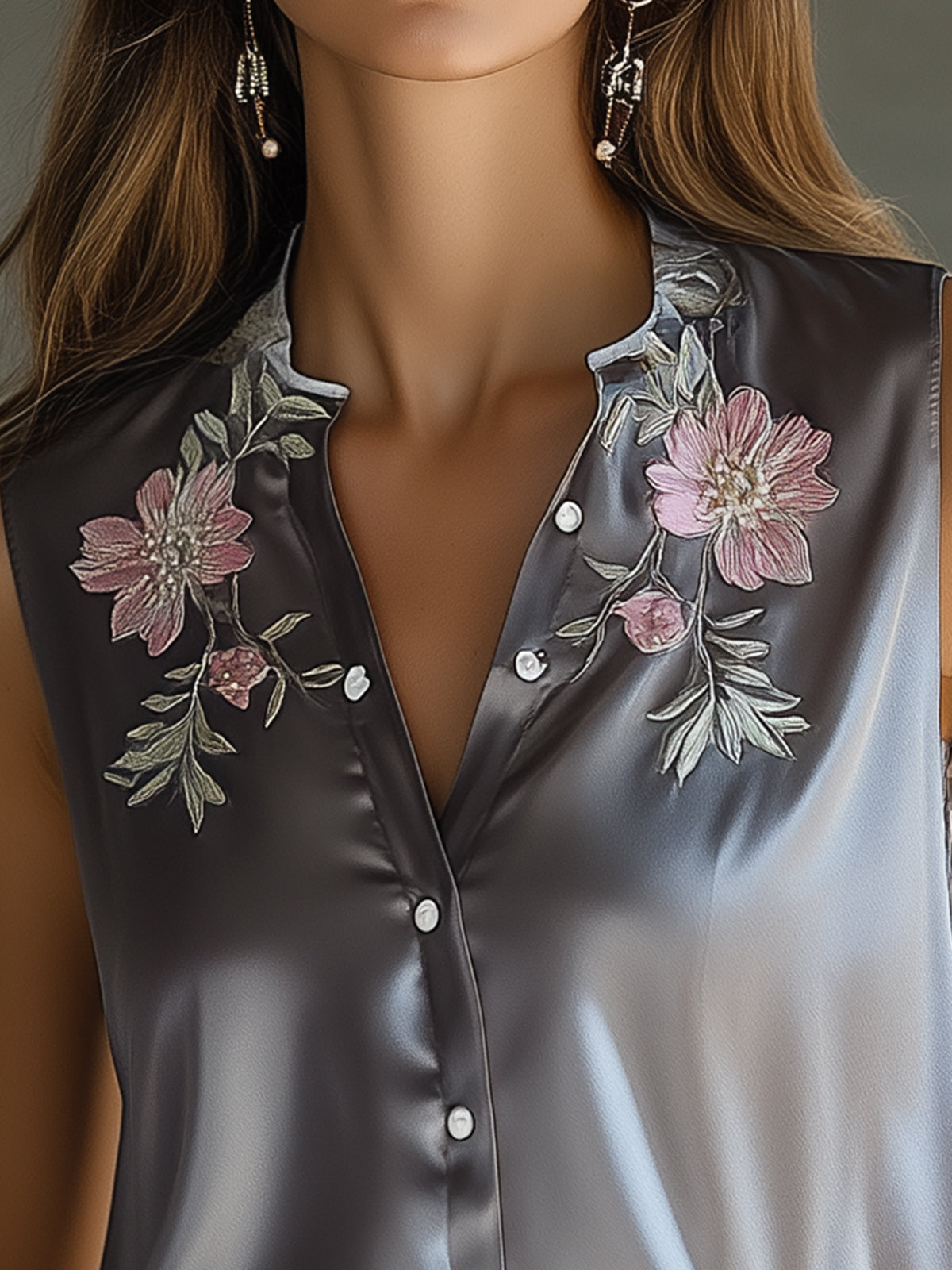 Elegant Satin Floral Embroidery Sleeveless Shirt