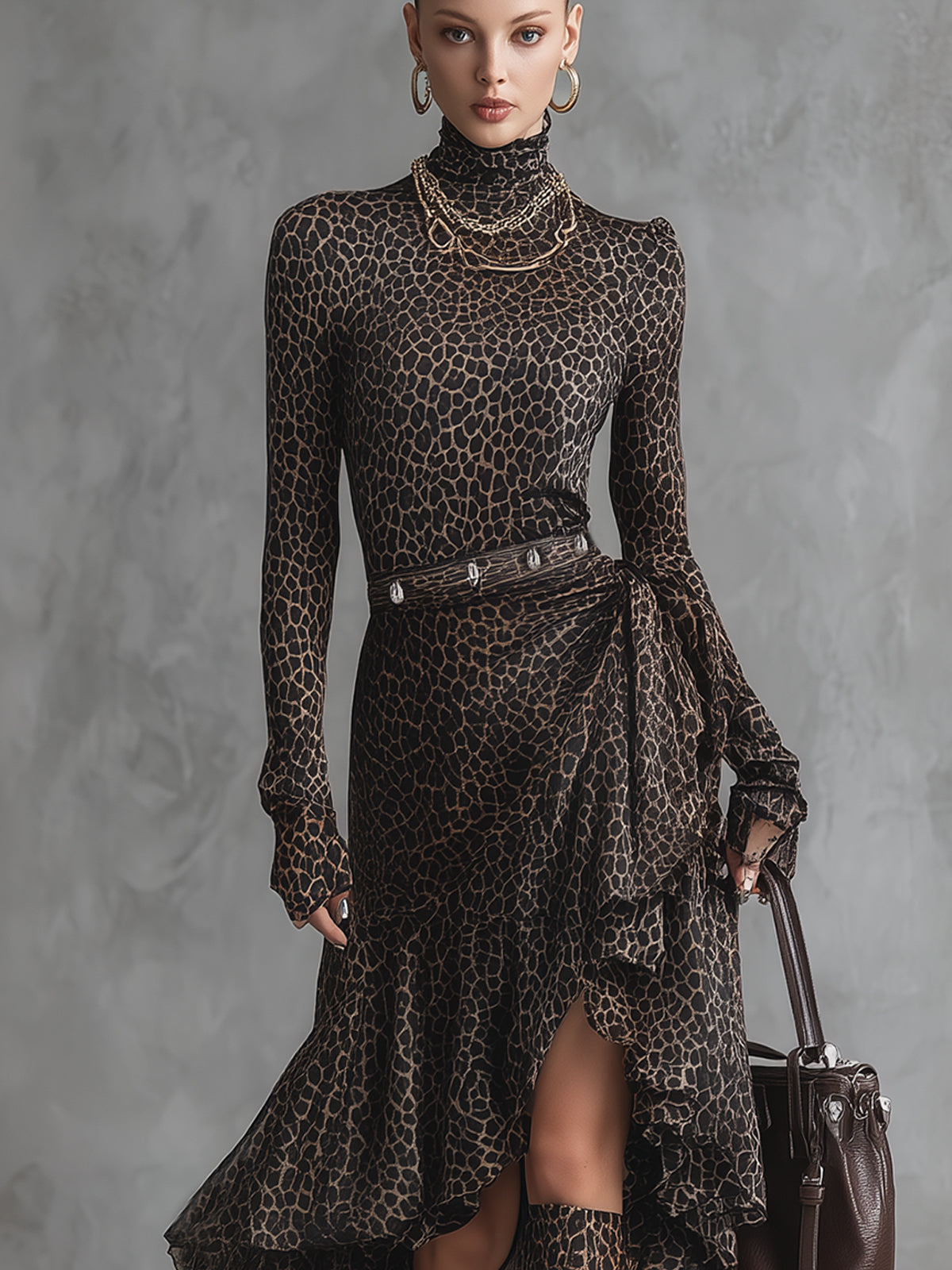 Brown Leopard Print High-Neck Ruffled Dress With Belt Detail